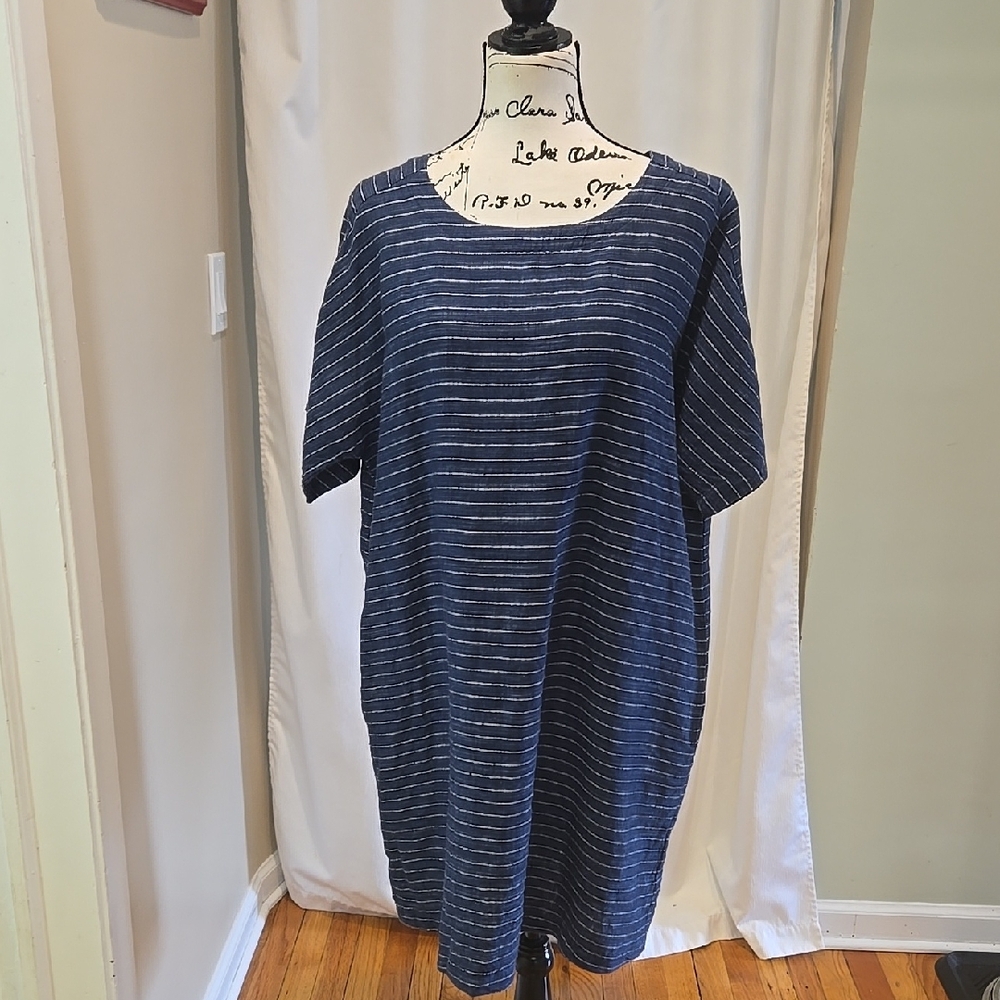 EILEEN FISHER ▪︎ Womens Organic Linen Jewel Neck Dress, Navy/White Striped MuMu